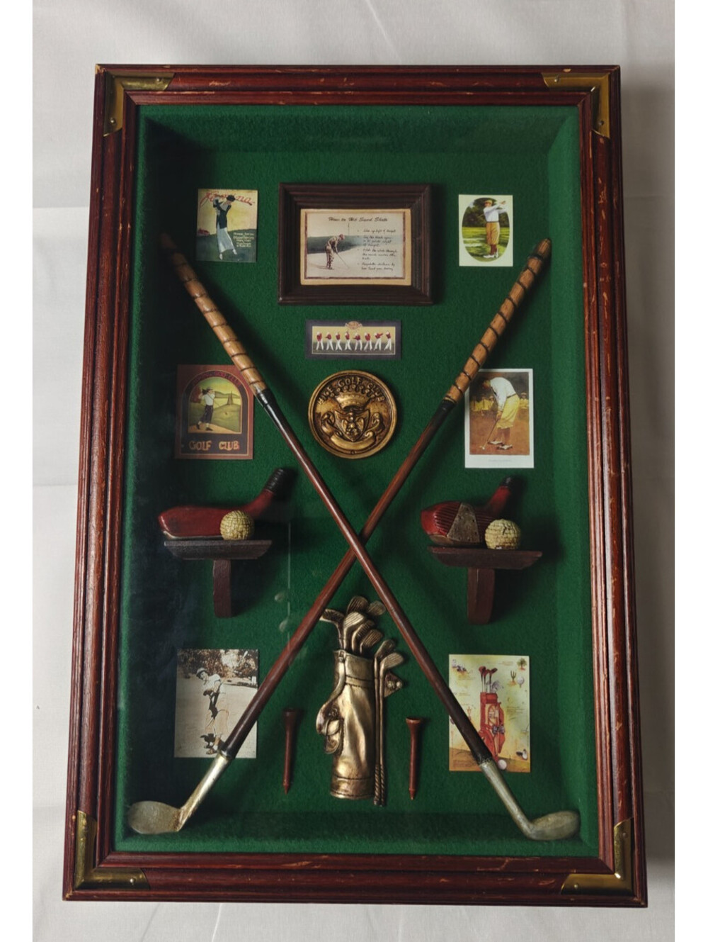 Golf Shadow Box Display with Clubs, Balls, Cards, Collectibles - Brown Green